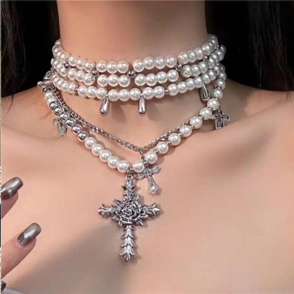 Jewelry - Layered Pearl Necklace Gothic Cross Stacked Necklace 18k gold plated silver new